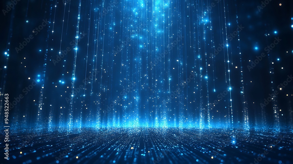 Poster futuristic digital matrix with blue light particles and glowing lines. abstract technology backgroun