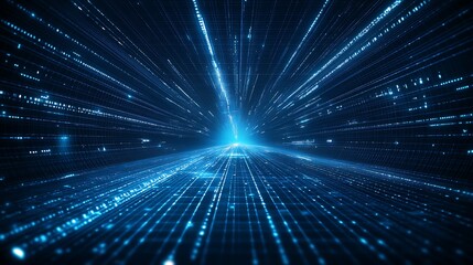 Futuristic digital light speed tunnel with blue glowing lines and particles on a dark background. High-tech abstract concept illustration.