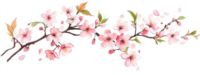 Fototapeta premium Watercolor illustration of spring cherry blossoms featuring realistic rose petals flowers branches and cherry leaves isolated on a white background