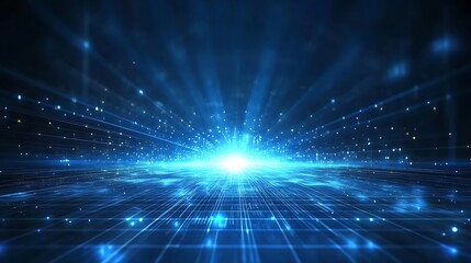 Obraz premium Futuristic digital space with bright glowing light effects and a grid pattern, ideal for technology, innovation, and sci-fi themes.
