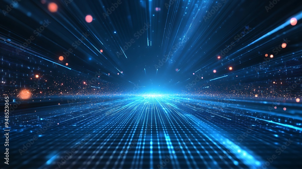 Poster futuristic digital technology background with bright blue lights and data grid. high-speed connectio