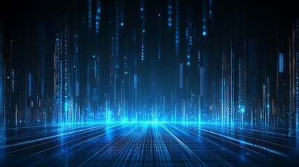 Futuristic digital technology background with blue neon lights and vertical lines, depicting a high-tech data network or virtual reality concept.