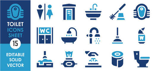 A set of solid icons related to Toilet. Toilet, commode, clean, male, female, paper, litter, portable, and so on. Vector flat icons set.