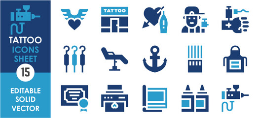 A set of solid icons related to Tattoo. Ink, studio, needle, artist, anchor, apron, hand, fashion, decoration, and so on. Vector flat icons set.