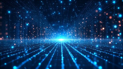 Fototapeta premium Futuristic digital technology background with glowing blue lights and data streams, representing high-tech innovations and virtual environments.