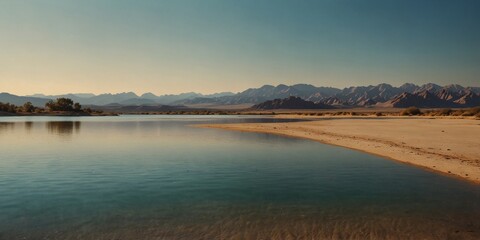Fototapeta premium a mesmerizing lake nestled within the vast expanse of a desert's golden sands.