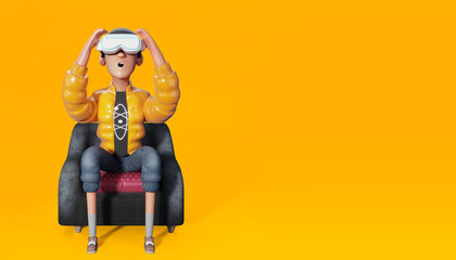 Fototapeta premium Person enjoying virtual reality from his seat. 3d illustration