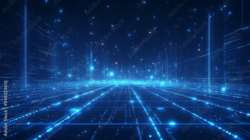 Poster futuristic digital technology background with glowing lines and dots depicting a virtual space. perf