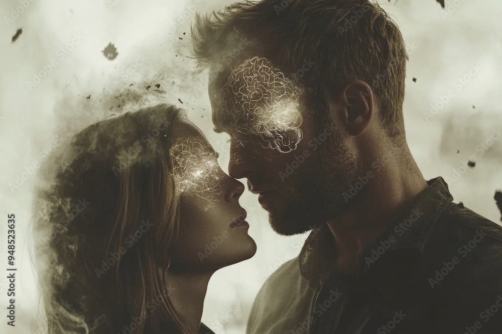 Aufkleber abstract artistic representation of a couple with brain visuals symbolizing the merging of thoughts 
