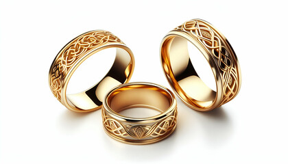 family of three gold rings isolated on white