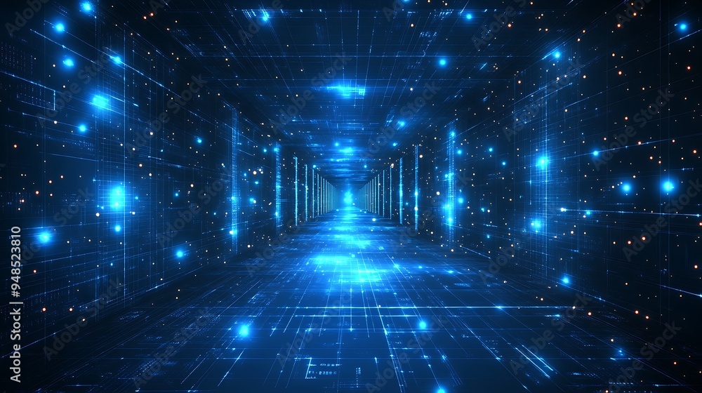 Poster futuristic digital tunnel with glowing blue lights and data lines, representing high-tech and advanc