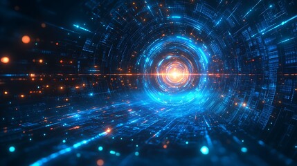 Fototapeta premium Futuristic digital tunnel with bright lights, abstract technology background, concept of data transfer and virtual reality.