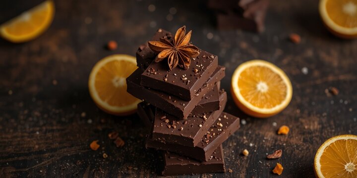 Dark chocolate with orange slices spices on rustic background.