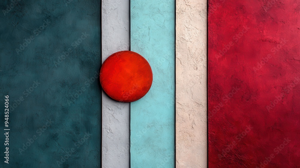Poster this image captures a set of textured panels with varying colors and finishes, where a red circular 