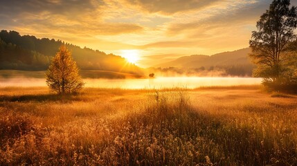 Fototapeta premium Golden autumn morning Dewy meadows, sunrise over a lake, fog rising
