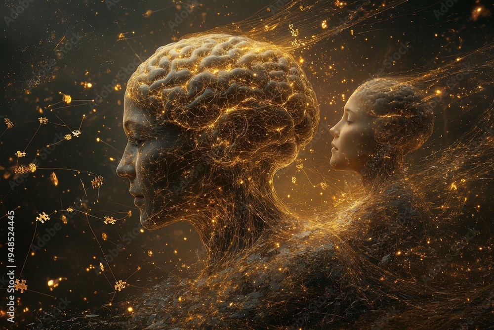Poster abstract representation of two women with brain visuals symbolizing the balance and duality of thoug