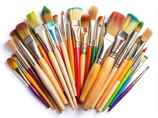 Fototapeta premium Vibrant watercolor brushes in varied shapes and sizes, with soft bristles and wooden handles, lie scattered against a clean, crisp white background.