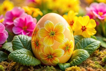 Obraz na płótnie Canvas Vibrant yellow Easter egg adorned with delicate, soft-focus watercolor primroses in shades of pink and yellow, perfect for spring-inspired creative projects.