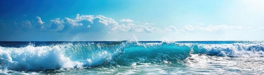 A stunning view of blue ocean waves crashing against the shore under a clear sky, perfect for relaxation and nature themes.