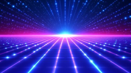 Fototapeta premium Futuristic neon light grid with glowing lines on a dark background, highlighting a vibrant retro 80s sci-fi aesthetic.