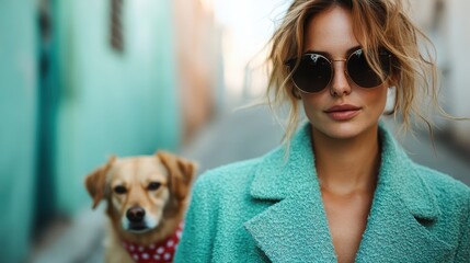 A stylish woman in a textured mint coat and sunglasses stands confidently with her dog in a visually appealing pastel-colored urban street, epitomizing modern fashion.