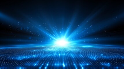 Fototapeta premium Glowing blue digital explosion background with dynamic light rays and futuristic graphic patterns.