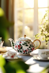 Fototapeta premium Beautiful floral teapot on a sunlit table, perfect for a cozy tea time or elegant dining experience.