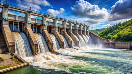 Large dam with water flowing through turbines generating hydroelectric power, hydroelectric