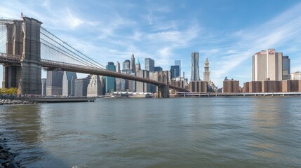 Naklejka premium A panoramic view of the Manhattan skyline with the Brooklyn Bridge in the foreground. No people, cityscape with copy space.