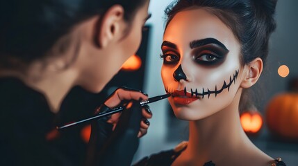 Obraz premium A model getting Halloween makeup applied in a clean sharp minimalist style