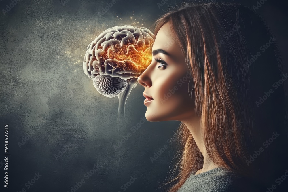 Poster close up portrait of a woman with glowing brain visuals symbolizing introspection and the exploratio