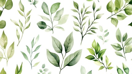 Watercolor green leaves clipart set, various types of leaves and branches, seamless pattern on white background, vector illustration, high resolution, detailed