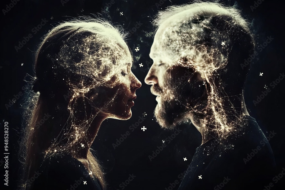 Poster artistic silhouette of a couple with brain visuals symbolizing the merging of thoughts and the deep 