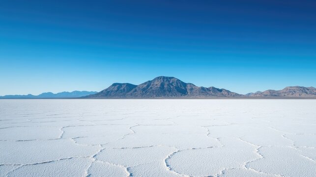 A panoramic view of the Utah salt flats with a clear blue sky. No people, copy space.