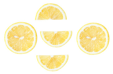 Top view set of fresh yellow lemon in halves and slices isolated on white background with clipping path