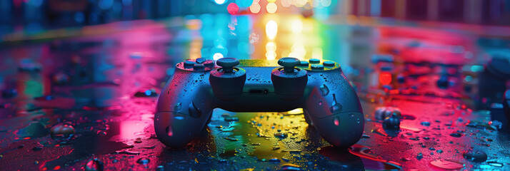 Game controller on wet colorful surface with bokeh lights