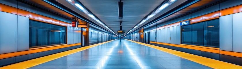 Fototapeta premium A wide-angle view of a modern, empty underground subway station illuminated with bright overhead and floor lights, showcasing a symmetrical design.