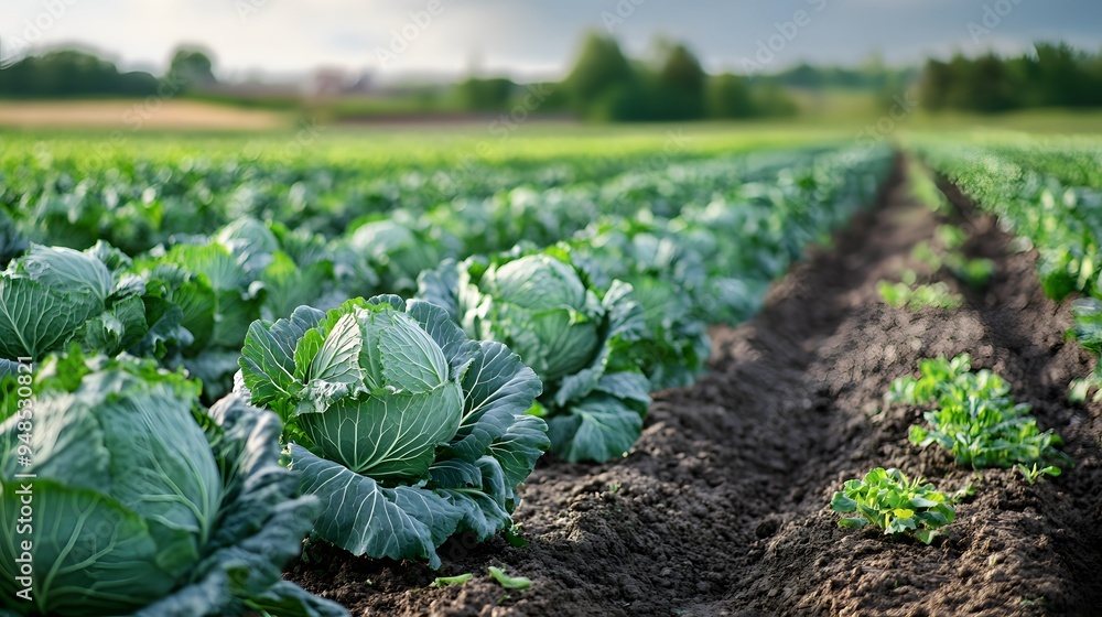 Aufkleber 51. **a farm with rows of neatly planted cabbage in a well-maintained field.