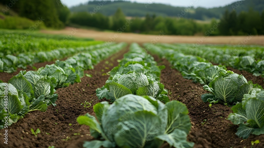 Aufkleber 51. **a farm with rows of neatly planted cabbage in a well-maintained field.