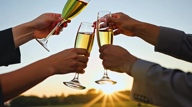 multiple hands raised, clinking sparkling glasses in a toast. Set against a sunset, the outdoor scene radiates joy, celebrating a special occasion with light-colored drinks.