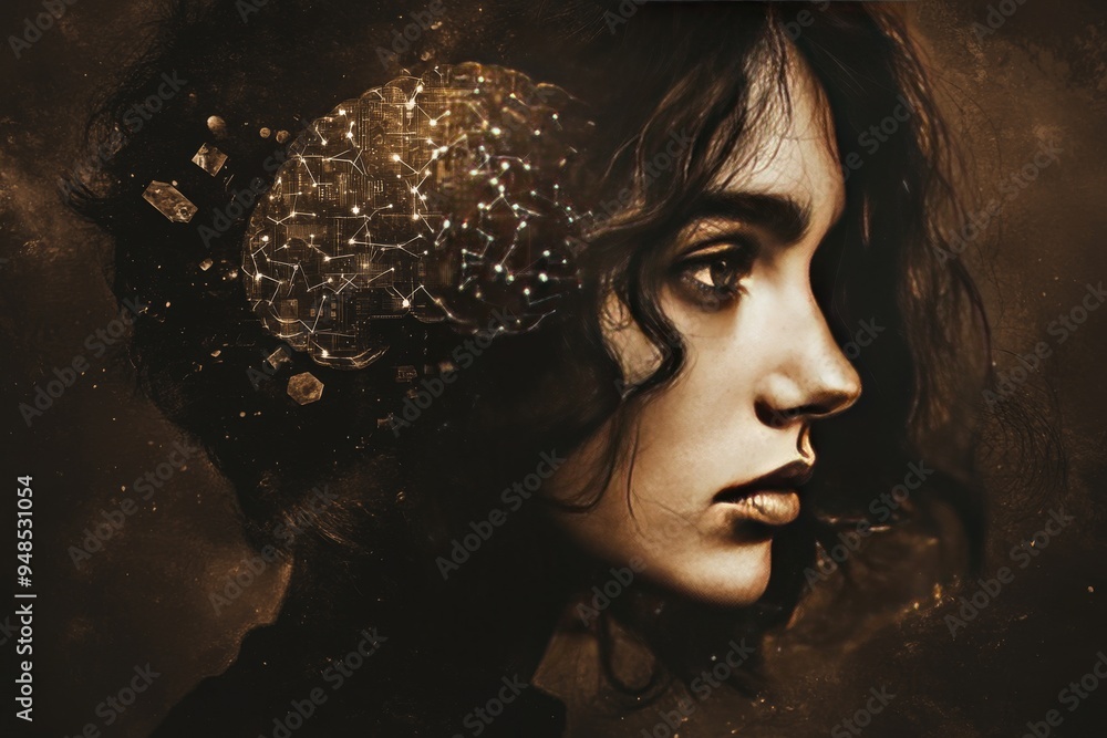 Poster portrait of a woman with a glowing brain in a dark setting symbolizing the power of thought and the 