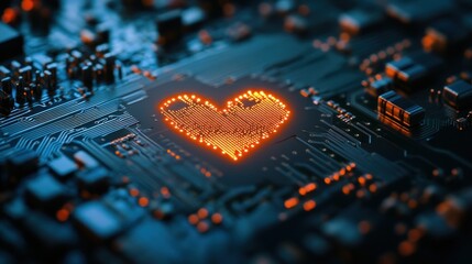 Fototapeta premium Digital Heartbeat: A glowing heart on a circuit board