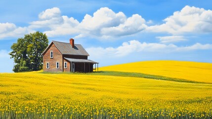 52. **A picturesque country scene with a farmhouse and fields of blooming canola.