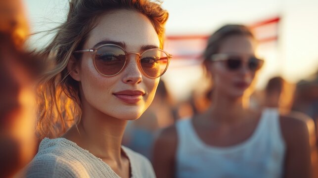A young woman wearing stylish sunglasses enjoying a sunny summer festival, her friends in the background, showing a vibrant and lively outdoor atmosphere.