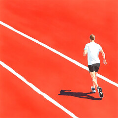 Runner on a vibrant red track, showcasing determination and fitness in action. Ideal for sports, fitness, and motivation themes.