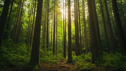 Obraz premium A quiet forest in the Pacific Northwest with towering evergreen trees. No people, copy space.