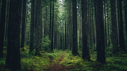 Obraz premium A quiet forest in the Pacific Northwest with towering evergreen trees. No people, copy space.