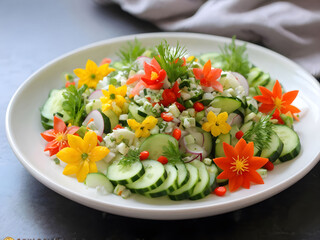 A Plate of Cucumber Salad with Colorful Decorated, Hot Cucumber Salad, Generative AI. 