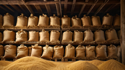 Obraz premium Stacks of Wheat Barley Grain Sack Bags in Warehouse Farming Cereal Food Harvest Organic Produce Agriculture Industry