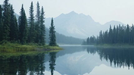 A quiet mountain lake in the Canadian Rockies with pine trees reflected in the water. No people, copy space.